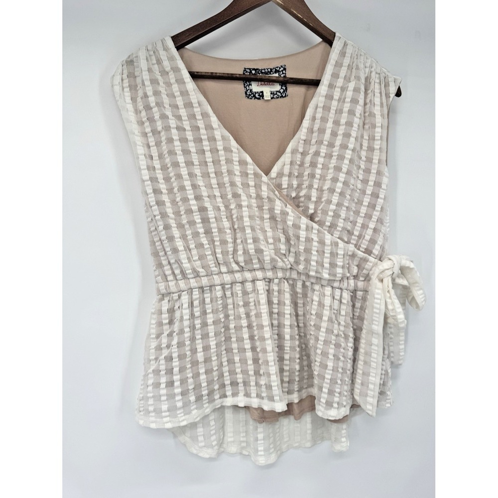 DELETTA Anthropologie White cream gingham wrap blouse cottage coquette twee M